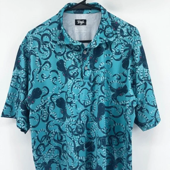 Waggle Golf Polo Mens XL Teal Octopus Print Performance Short Sleeve Shirt - Picture 3 of 6